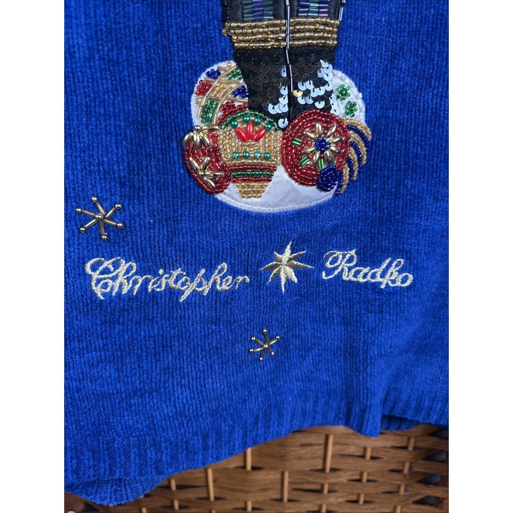 VTG Christopher Radko Christmas Zip Up Cardigan XL Beaded Nutcracker Blue - Picture 13 of 14